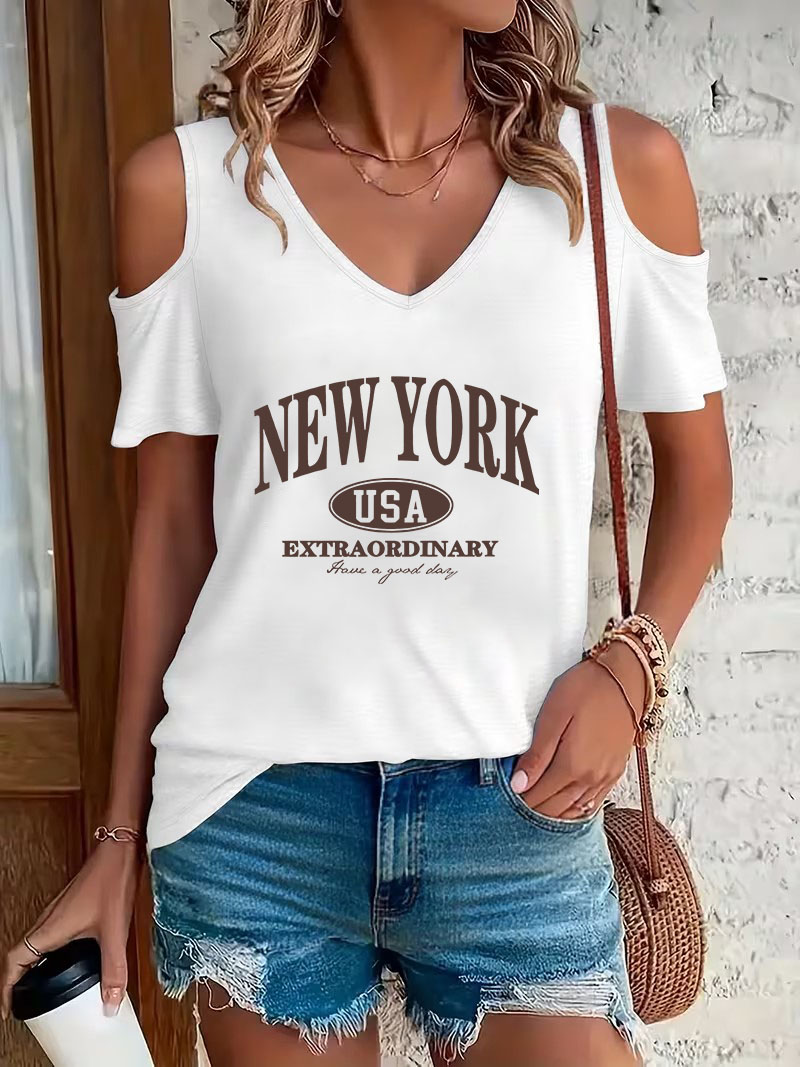 High Street Fashion New York - تي شيرت نسائي بطبعة حروف نيويورك،